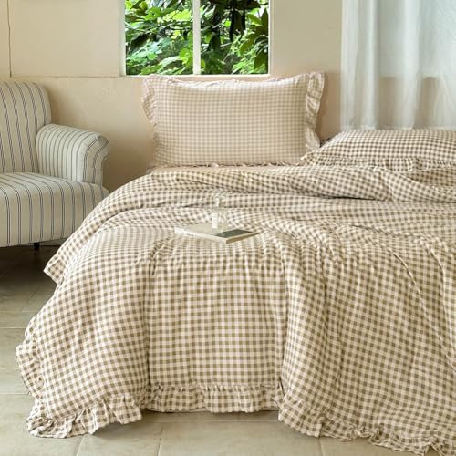 Tan Gingham Ruffled Comforter Set - Queen Size Farmhouse Bedding