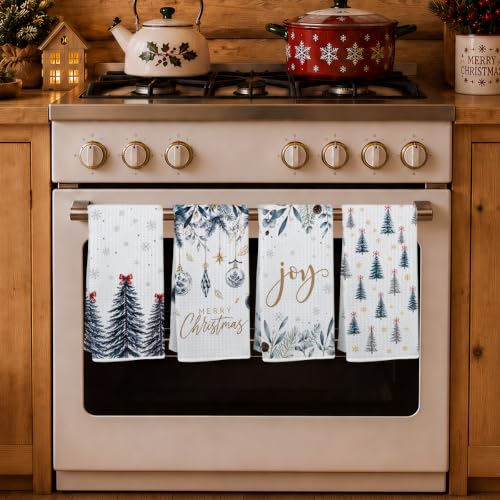 JIUWEIHU 4 Pcs Blue Christmas Kitchen Towels Winter Xmas Tree Dish Cloths Multi 0346
