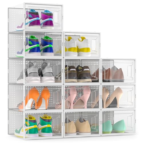 Large Stackable Clear Plastic Shoe Storage Organizer with Front Door - White