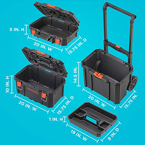 Stackable Tool Storage System - 3 Piece Set with Rolling Tote and Toolboxes