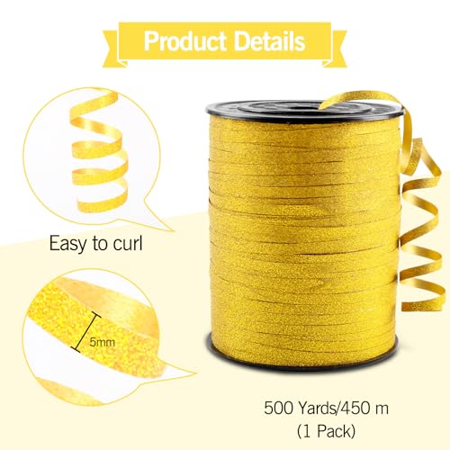 Gold Glitter Curling Ribbon, 500 Yard Curly Ribbon for Gift Wrapping, Curling Balloon String Roll Ribbons for Balloons, Gifts Ribbons for Valentine's Day Wedding Christmas Birthday Party Decorations