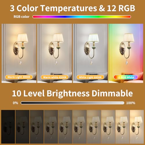 Wireless Antique Brass Wall Sconces Set of 2 with RGB Dimmable LED Bulbs