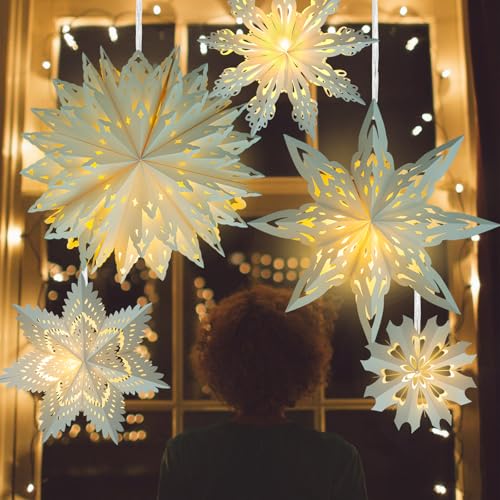 OuMuaMua White 5-Pack Paper Snowflake Lanterns with Lights (5 Designs) Remote-Controlled