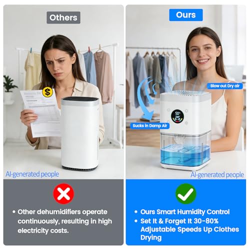 Semzodax White Small Dehumidifier 63oz Quiet Auto & Continuous Mode for Bedroom, Bathroom, Closet, RV