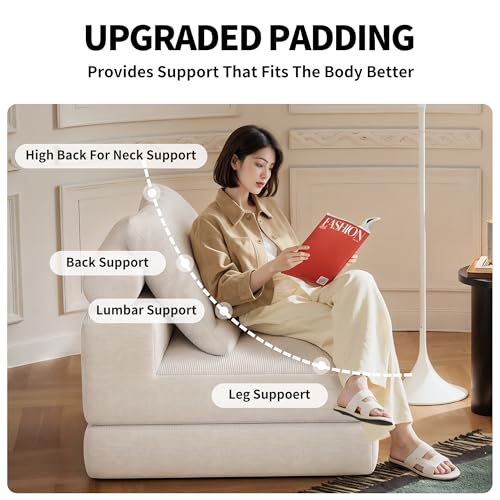 Lumbershed White 3-in-1 Folding Sofa Bed with Pillows — Single, Space-Saving Convertible Couch for Living Room & Bedroom