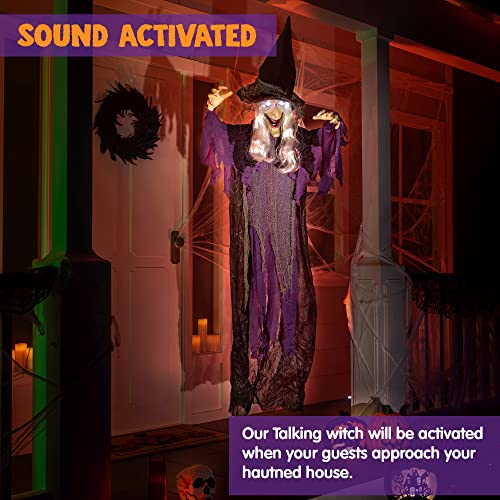 Wicked Halloween Hanging Witch Decoration - Light-Up Talking Ghost with Sound Activation, 72 Inches Purple Outdoor & Indoor Haunted House Prop