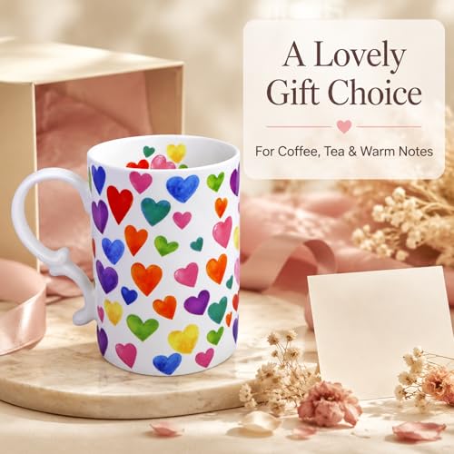 White 16oz Bone China Heart Coffee Mug with Floral Inside & Butterfly Design - Elegant Teacup for Women