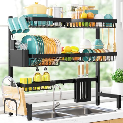 Black Ultra 6-Basket Over Sink Dish Drying Rack - Adjustable Stainless Steel Kitchen Organizer