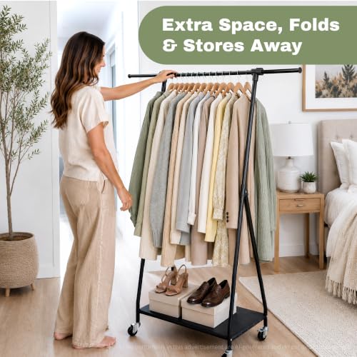 Foldable Clothes Rack with Wheels - Adjustable Height Portable Garment Organizer with Shelf