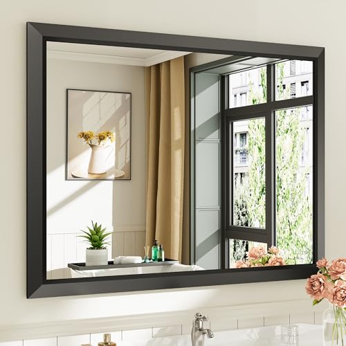 Briivue 40x30 Inch Black Metal Framed Bathroom Wall Mirror - Modern Beveled Design