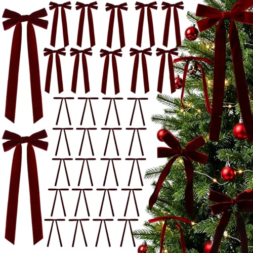 Fangoo 36Pcs Burgundy Red Velvet Ribbon Bows for Christmas Tree