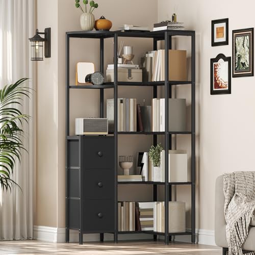 YATINEY Black Corner Bookshelf 5-Tier L-Shaped Bookcase with Fabric Drawers
