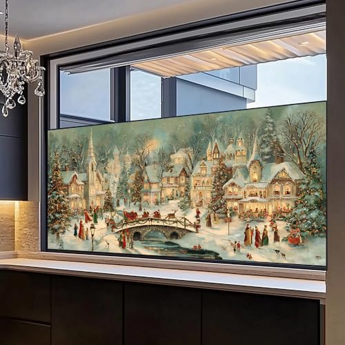 Window Privacy Film 39.37 x 17.3 in Christmas Village Static Cling - Colorful Window #04