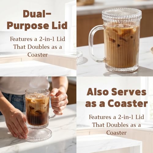 Noamus 4-Pack 13oz Glass Coffee Mugs with Lids & Spoons - Clear Drinking Set