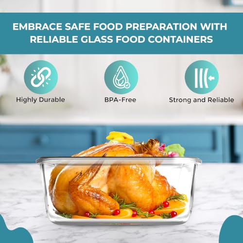 Blue Glass Food Storage Containers Set - 10 Cups / 80 Oz Airtight Locking Lids, Microwave & Dishwasher Safe