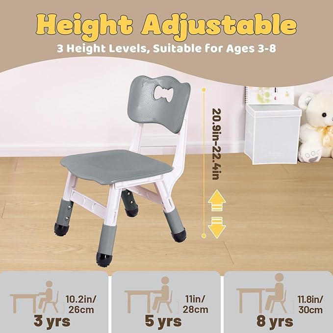 FUNLIO Adjustable Kids Chair Set Grey 2pcs - Height-Adjustable Toddler Seating for Ages 3-8, Sturdy Child Chairs with 220lbs Capacity