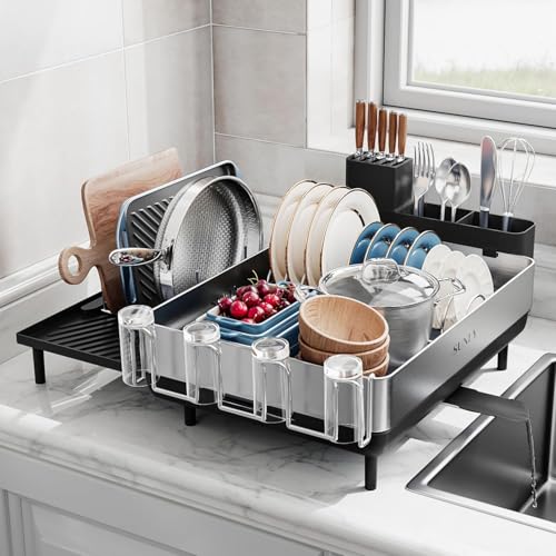 Expandable Dish Drying Rack with Flip-Up Holders - Black + Silver