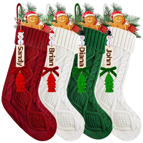 Gushu 4 Pack Christmas Stockings - 18 Inch Cable Knit Family Holiday Decor, Red Green White