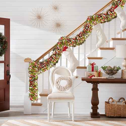 50 Ft Christmas Tinsel Garland Lime Green Red Sliver Metallic Foil Decorations Shiny Metallic Twist Garland Glitter Xmas Tree Hanging Ornament for Christmas Tree Home Stairs Indoor Outdoor Party Decor