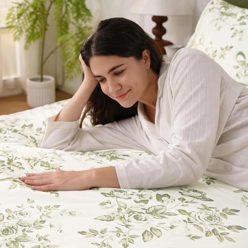Andency Green Floral Queen Comforter Set 7-Piece Bedding with Sheets & Shams