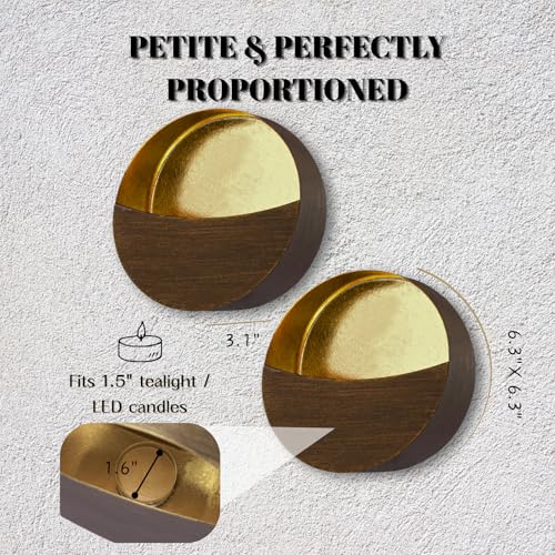 Batoslee Eclipse Wall Candle Sconce Set of 2 – Brushed Woodgrain with Gold Interior
