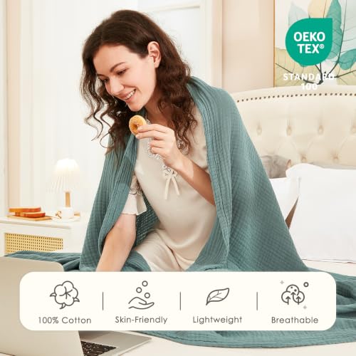 King Size Cotton Muslin Blanket - Teal 108x90 Inches, Soft & Breathable Bed Layering