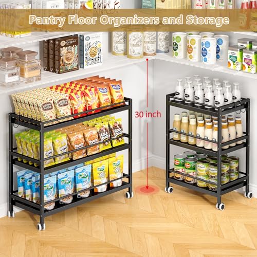 Black 3-Tier Expandable Rolling Pantry Organizer with Hooks — Kitchen Storage Cart