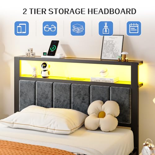 Liians Twin Size Bed Frame with LED Lights & Grey Upholstered Headboard