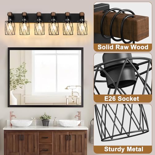 Black Farmhouse Bathroom Vanity Light 6-Light Wood & Metal Fixture Over Mirror - Rustic Style
