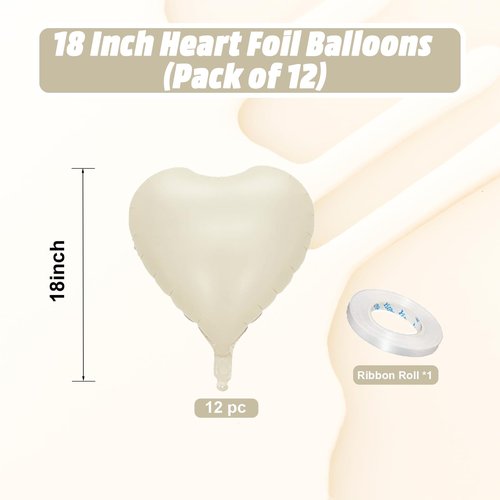 Cream Heart Balloons, 18 Inch Cream White Heart Shape Balloon, 12PCS Large Sand White Helium Foil Heart Romantic Balloon for Girls Birthday Baby Shower Wedding Engagement Anniversary Party Decoration