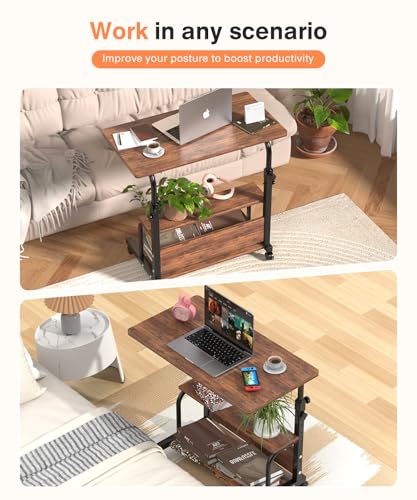 Rustic Adjustable Height Rolling Desk with Storage Shelves - 32-Inch Computer & Drafting Table for Home Office