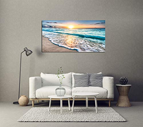 Beach Sunset Ocean Waves Canvas Wall Art - 48x24 Inches Framed