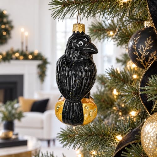 Black Crow Glass Christmas Ornament - Hand-Painted Ukrainian Holiday Decor
