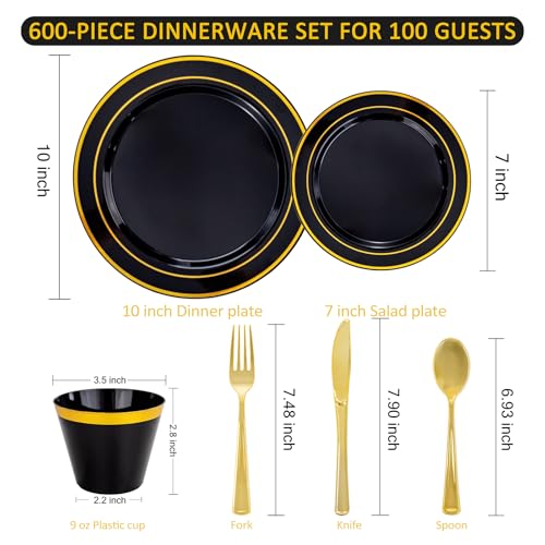Disposable Dinnerware Set for 100 Guests Black and Gold 600 Pcs - Elegant Party Plates & Cutlery
