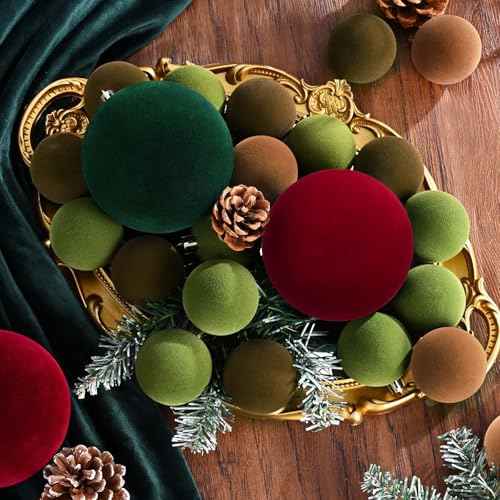 Uspring 44 Pcs Velvet Christmas Ornaments Set - 1.57 & 3.15 Inch Flocked Ornaments Shatterproof Christmas Balls for Xmas Tree Holiday Wedding Party with Pre-Tied Hanging Strings, Red, Green