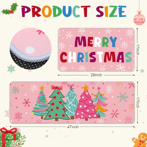 Pink Christmas Kitchen Rugs Set with Xmas Tree & Snowflake Decorations - Non Slip, 2 Pack, Christmas Tree Variation