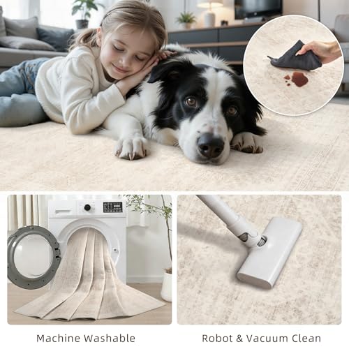 Luxturiy 6x9 Beige Area Rug - Machine Washable Low-Pile Living Room Carpet