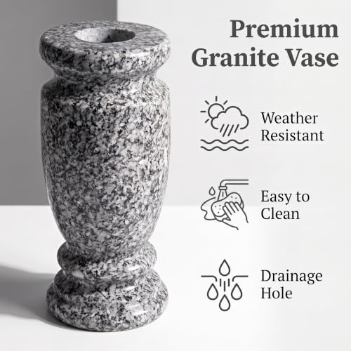 Afvarir Gray Granite Cemetery Vase for Grave - 4.3" W x 9.8" H, Heavy & Weatherproof Memorial Flower Holder, Variation 2