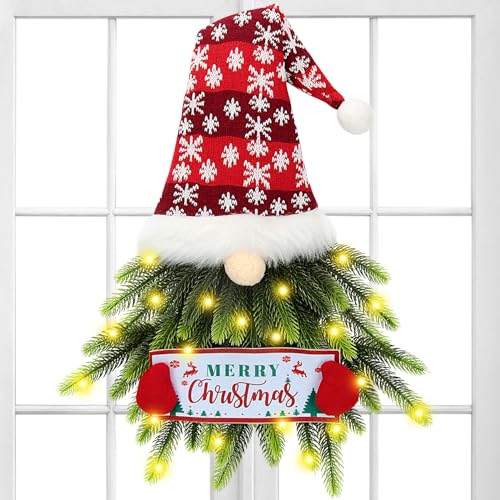 Christmas Wreath for Front Door, Lighted Gnome Door