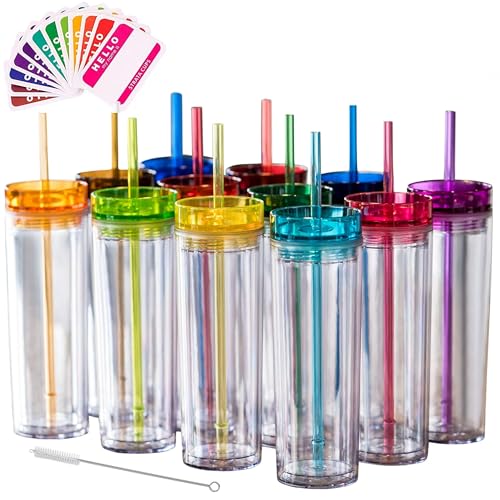 24 Pack Reusable 16oz Clear Acrylic Tumblers with Lids & Straws - Colorful Double Wall Drink Cups