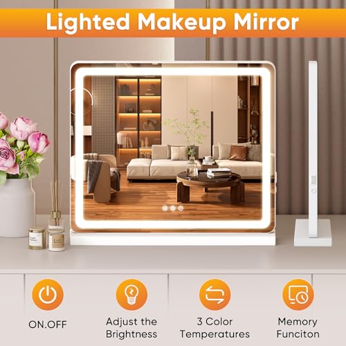Square White LED Vanity Mirror 22x19 Inch Tabletop Makeup Lighted Mirror