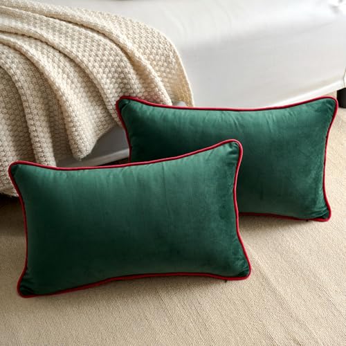 LIGICKY 2-Pack Dark Green Velvet Lumbar Pillow Covers 12x20 Inches Modern Minimalist Decor