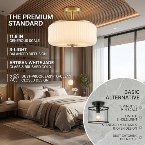 Gold & White Semi Flush Ceiling Light - 3 Light Schoolhouse Fixture with Ribbed Milk Glass Shade - Close to Ceiling Mount for Bedroom & Kitchen - Variation: Gold/White Semi