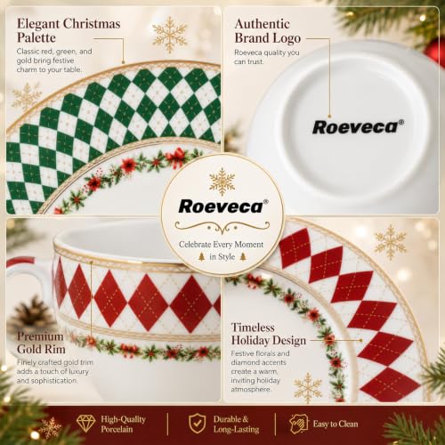 Christmas Argyle Gold Trim Porcelain Dinnerware Set 40-Piece for 8 - Roeveca