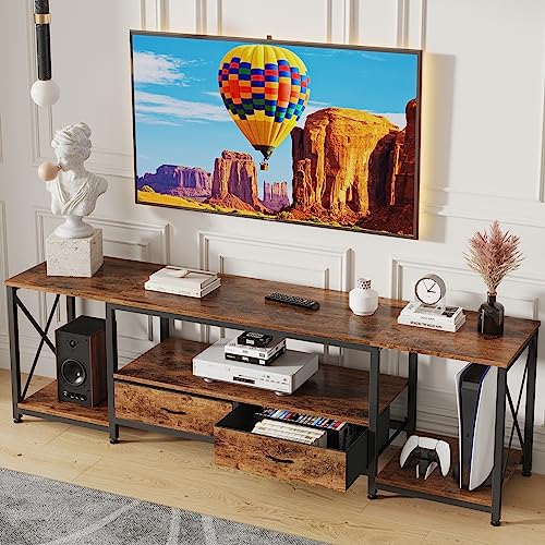 Rustic Brown TV Stand with Fabric Drawers - 55.1-inch Entertainment Console with Open Shelves