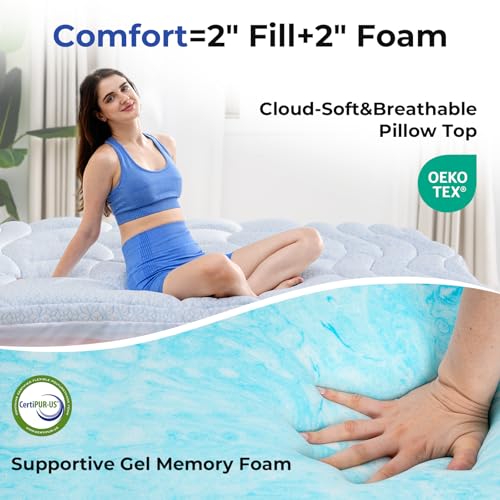 Cooling Memory Foam Mattress Topper King Size - Dual Layer Gel & Ice Silk Cover - Back Pain Relief