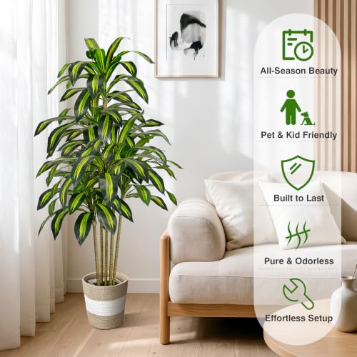 Artificial Dracaena Tree 5FT Tall with White Planter & Woven Basket - Fake Indoor Plant