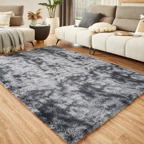 Floralux 9x12 Dark Grey Tie-Dyed Shag Rug for Living Room & Bedroom
