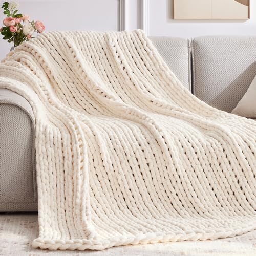 Cream White Chunky Knit Throw Blanket 50x60 Inches - Soft Chenille Wool