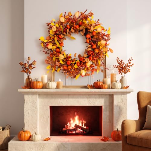 24-Inch Pumpkin Fall Wreath for Front Door - Autumn Harvest Decor - Pumpkin Variation